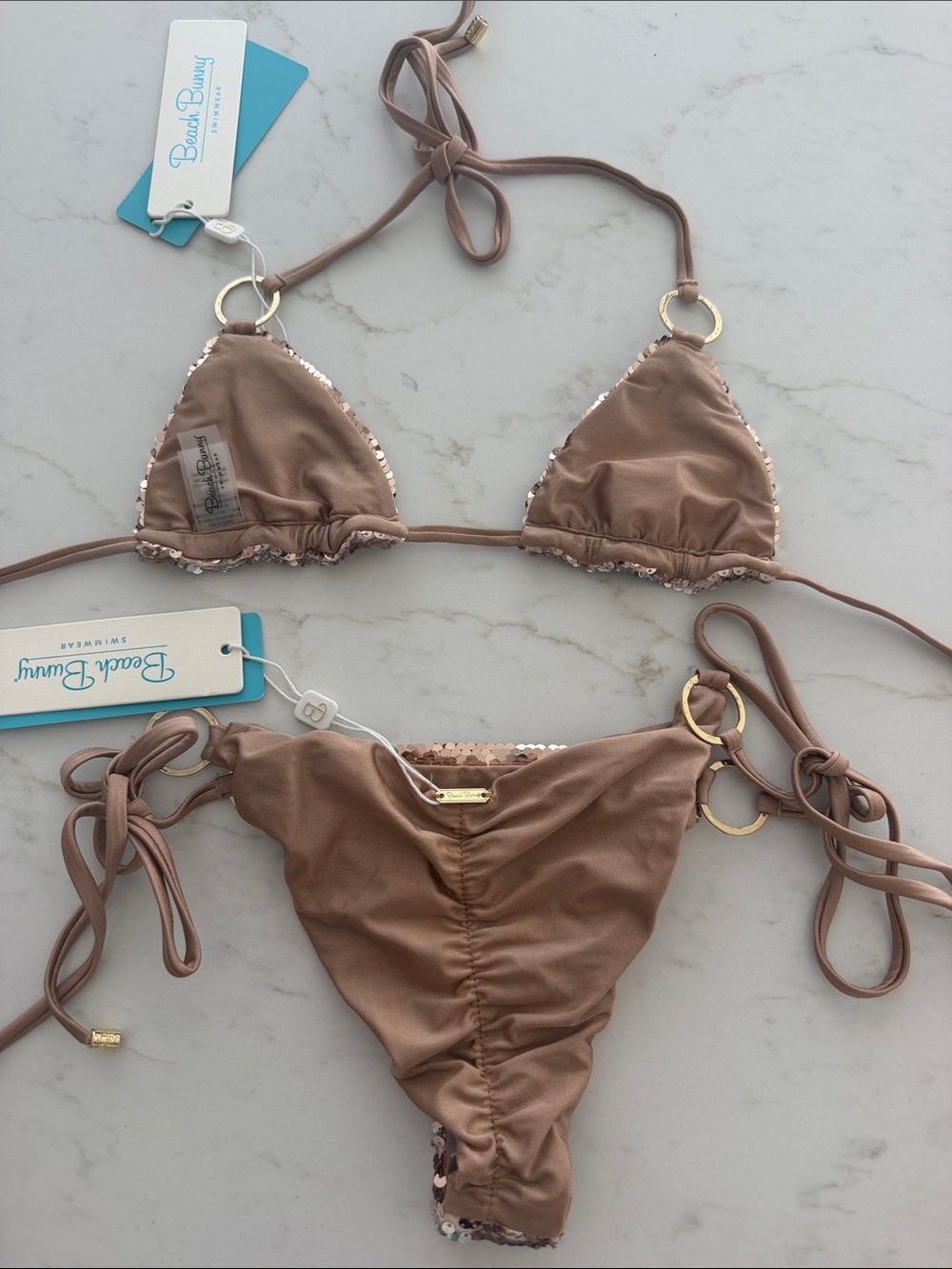 NWT Beach Bunny Rose-Gold Sequin Tie Bikini - Picture 3 of 3